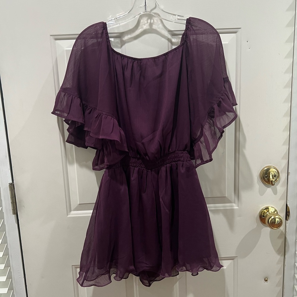 Endless Rose Deep Plum Ruffled Short Sleeve Tunic Romper - Picture 4 of 7